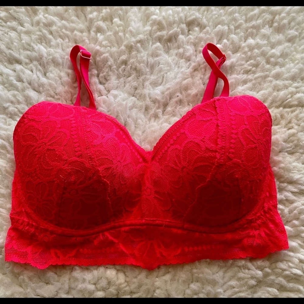 Pink Victoria’s Secret Neon Hot Pinky Floral Lace Bralette Bra size D